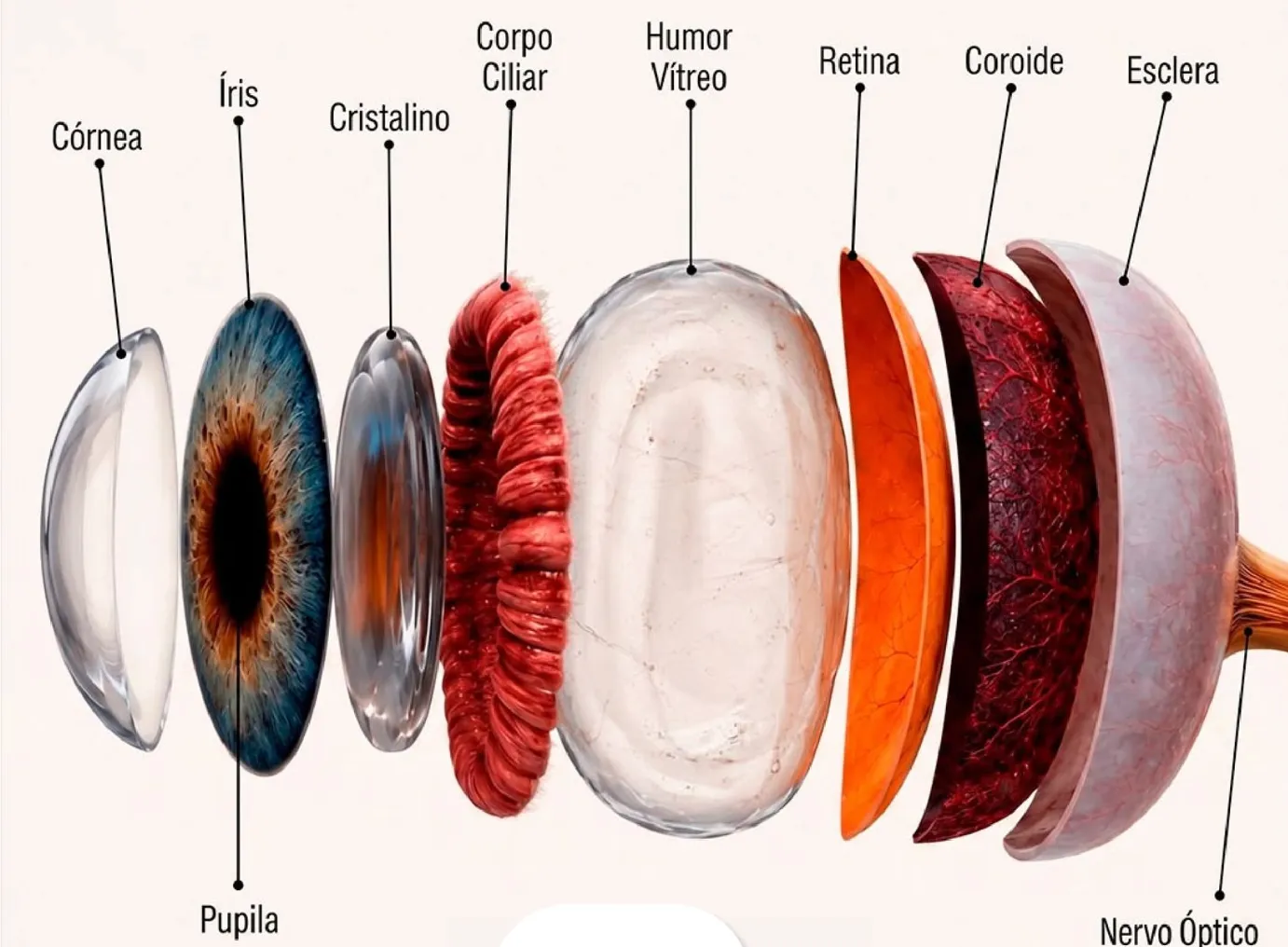Ilustração das estruturas do olho separadas em camadas: córnea, íris e pupila, cristalino, corpo ciliar, humor vítreo, retina, coroide, esclera e nervo óptico.