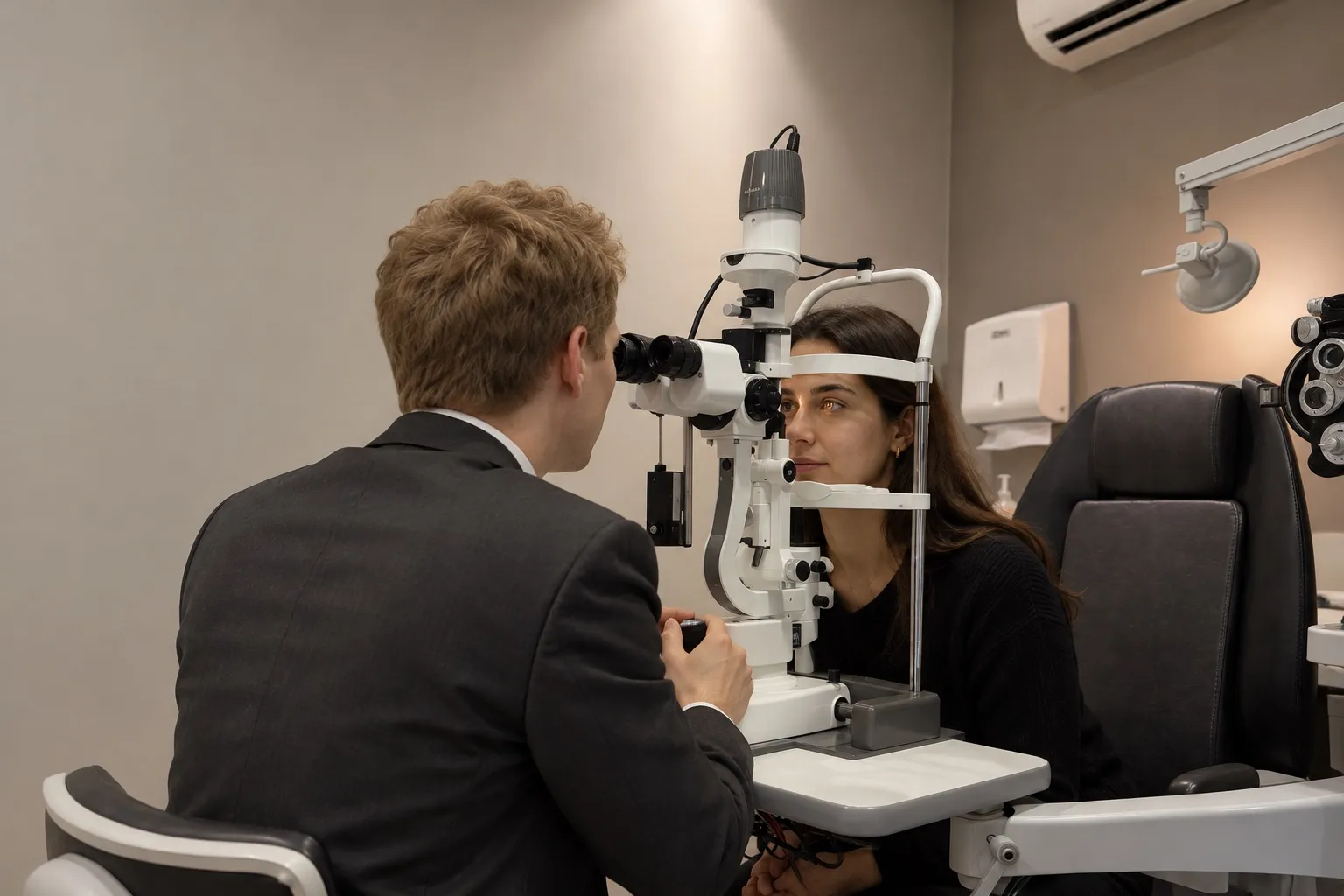 Médico de costas examinando os olhos de uma paciente adulta na lâmpada de fenda, com o queixo dela apoiado no aparelho, num consultório de paredes claras.