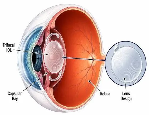 Ilustração de uma lente intraocular trifocal dentro da cápsula do cristalino, com detalhe dos anéis da lente.